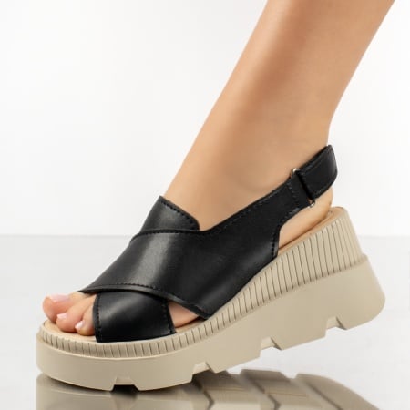 Sandale dama cu platforma negre cu bej din Piele naturala MOD13279, 1, modlet.ro