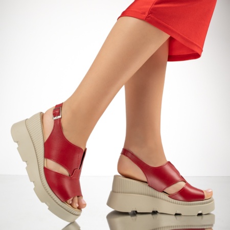 Sandale dama cu platforma si bareta rosii din Piele naturala MOD13212, 4, modlet.ro