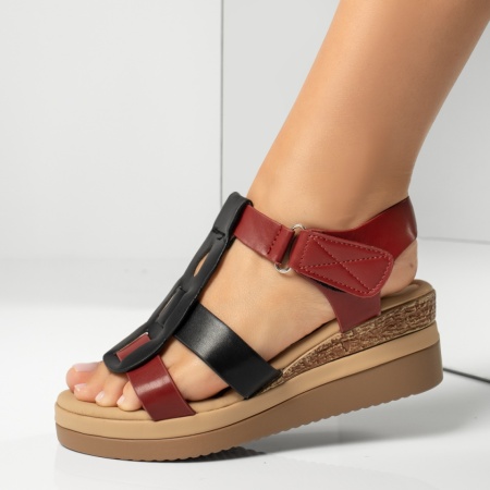 Sandale dama cu platforma si inchidere cu scai negru cu rosu MOD13877