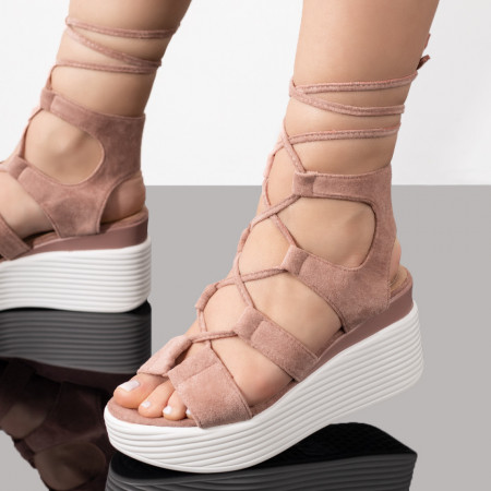 Sandale cu platforma, Sandale dama cu platforma si inchidere cu snur pe glezna roz inchis suede ZEF03994 - zeforia.ro