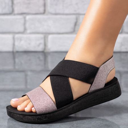 Incaltaminte dama, Sandale dama cu talpa joasa roz glitter cu negru MOD09325, modlet.ro