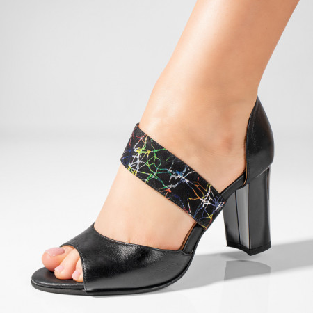 Sandale cu toc gros, Sandale dama cu toc gros negre cu imprimeu din Piele naturala ZEF08912 - zeforia.ro