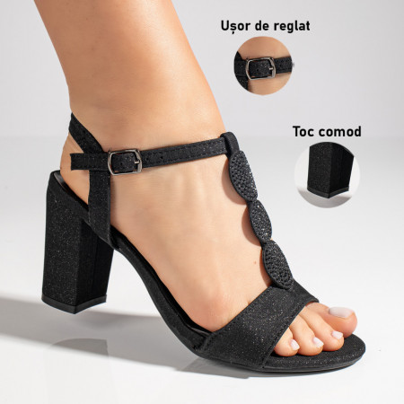 Sandale dama cu toc gros negre glitter MOD11495, 4, modlet.ro