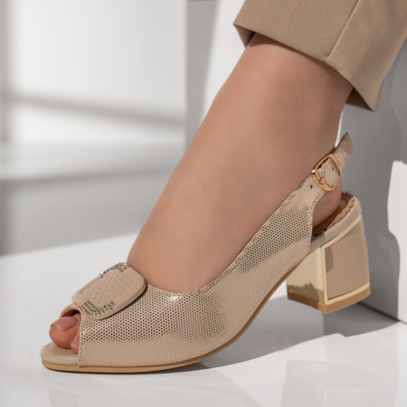 Sandale cu toc, Sandale dama cu toc gros si bareta bej cu auriu MOD11475, modlet.ro