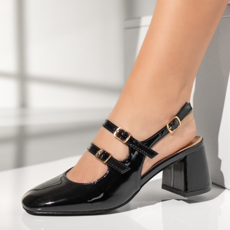 Sandale dama cu toc gros si bareta negre cu aspect lucios ZEF13514, 3, zeforia.ro