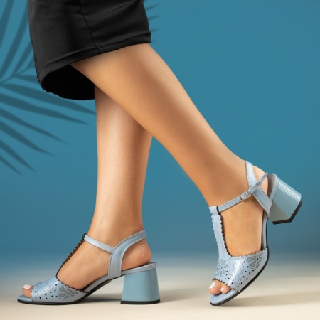 Sandale dama cu toc gros si model floral decupat albastre din Piele naturala MOD13962