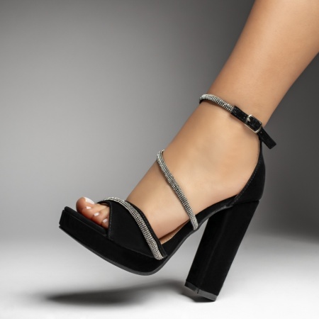 Sandale dama cu toc gros si strasuri aplicate negru suede MOD13535, 2, modlet.ro