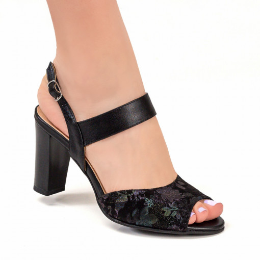 Sandale cu toc, Sandale dama cu toc negre din Piele naturala MOD05000, modlet.ro