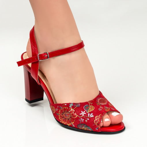 Sandale cu toc, Sandale dama cu toc si model floral rosii din Piele naturala ZEF05017, zeforia.ro