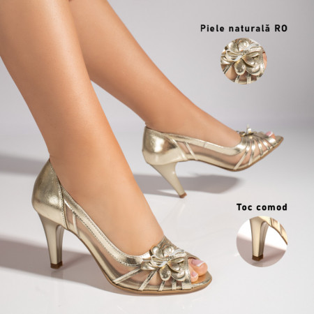 Sandale dama cu toc subtire aurii din Piele naturala MOD11385, 3, modlet.ro