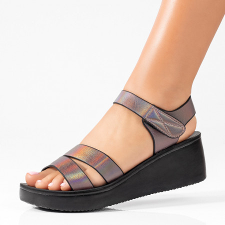 Incaltaminte dama, Sandale dama gri inchis cu platforma si inchidere cu scai MOD04192, modlet.ro