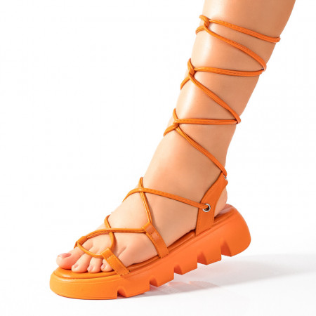 Sandale dama portocalii cu talpa joasa cu snur lung MDL09499