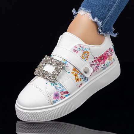 Plateste Jumatate!, Tenisi dama albi cu accesoriu decorativ si model floral MOD08086, modlet.ro