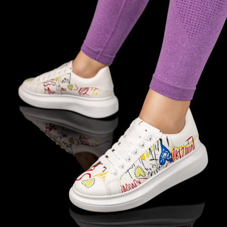 Tenisi dama, Tenisi dama albi cu talpa groasa si print multicolor MOD03275, modlet.ro