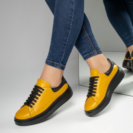 Tenisi dama galbeni cu siret din Piele naturala MOD03628, 1, modlet.ro