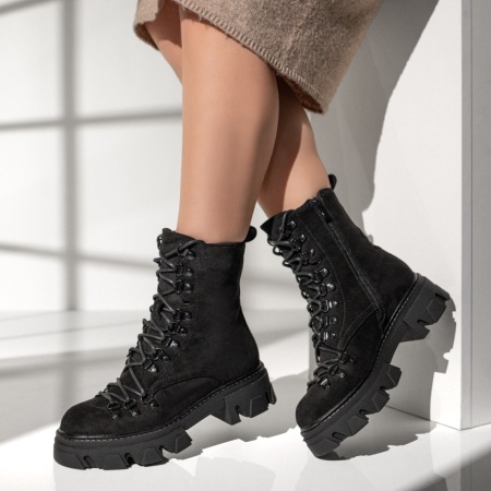 Bocanci dama cu siret si fermoar negru suede MOD12642, 2, modlet.ro