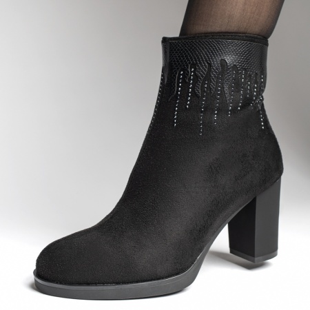 Botine dama cu toc gros si imprimeu negru suede ZEF12373