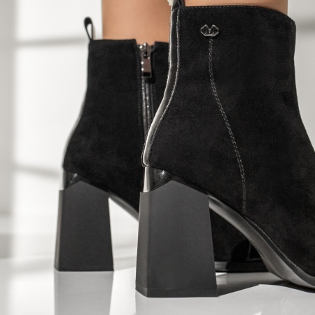 Botine dama cu toc gros si varf lucios negre suede din Piele naturala MOD14026, 3, modlet.ro