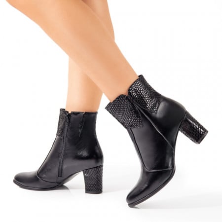 Botine cu Toc, Botine dama cu toc si fermoar negre cu imprimeu din Piele naturala ZEF10785, zeforia.ro