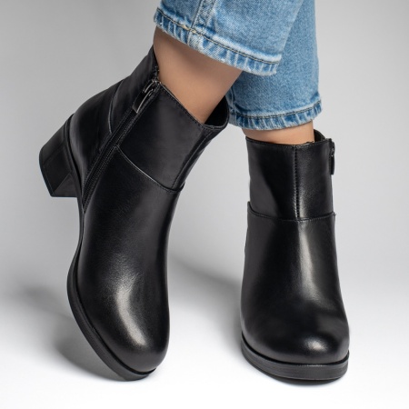 Botine dama, Botine dama negre cu toc gros si fermoar din Piele naturala MOD12319, modlet.ro