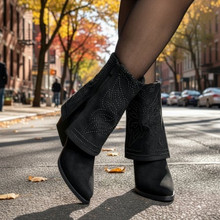 Cizme dama, Ciocate dama cu toc gros si aplicatii cu pietre negre suede MOD12341, modlet.ro