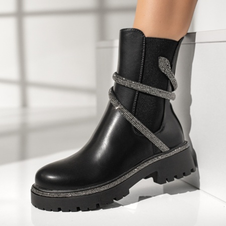 Cizme dama, Cizme dama cu insertii de material elastic si strasuri negre MOD12340, modlet.ro