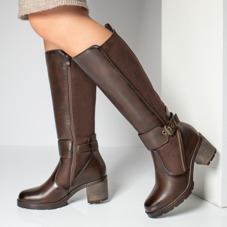 Cizme dama, Cizme dama cu toc gros si fermoar maro MOD12729, modlet.ro