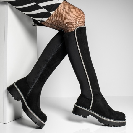 Cizme lungi dama cu talpa groasa si strasuri negru suede MOD12914, 2, modlet.ro