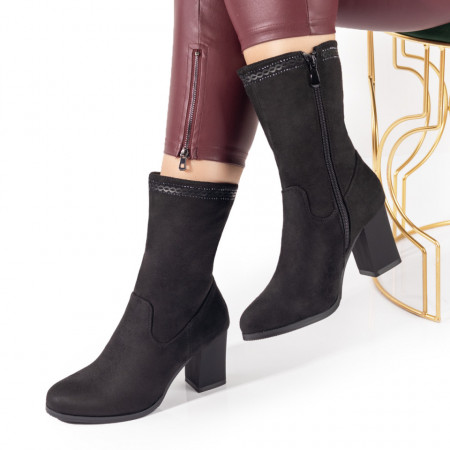 Cizme dama, Cizme scurte dama cu toc gros si strasuri negre suede MOD10865, modlet.ro