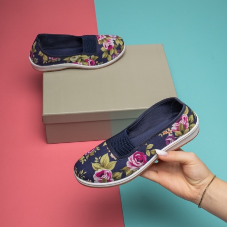 Espadrile dama cu talpa joasa si model floral albastru inchis ZEF11810