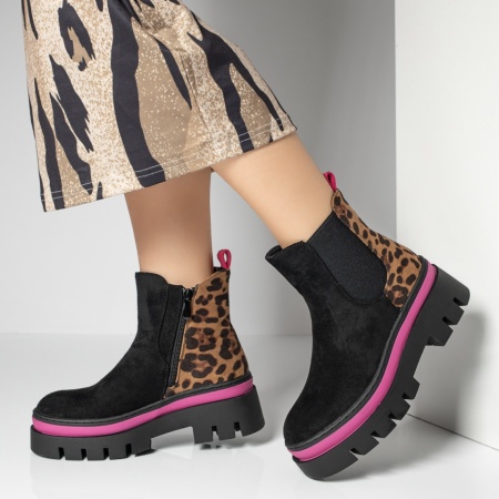 Ghete Dama, Ghete dama cu print negru cu roz suede MOD12262, modlet.ro