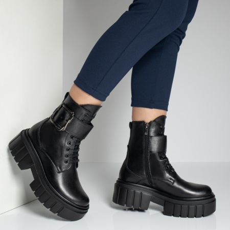 Ghete dama cu siret si talpa groasa negre din Piele naturala MOD12512, 3, modlet.ro