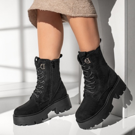 Ghete fara toc, Ghete dama cu siret si talpa groasa negru suede MOD12785, modlet.ro