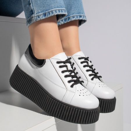 Pantofi casual dama albi cu talpa groasa din Piele naturala MOD12740, 3, modlet.ro
