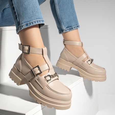 Pantofi casual dama cu bareta si talpa groasa bej MOD13250, 4, modlet.ro