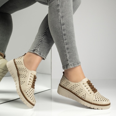 INTB, Pantofi casual dama cu perforatii bej cu khaki ZEF13155, zeforia.ro