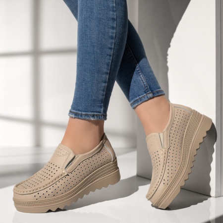 Pantofi casual cu platforma, Pantofi casual dama cu perforatii bej din Piele naturala MOD13102, modlet.ro