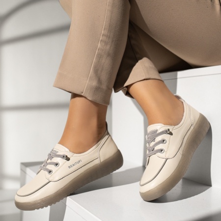 Pantofi casual dama cu siret elastic bej cu gri din Piele naturala MOD13971
