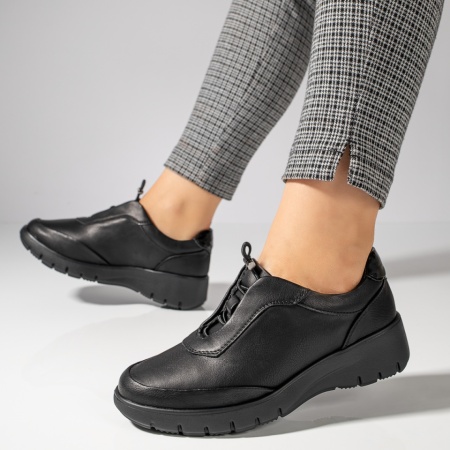 Pantofi casual cu platforma, Pantofi casual dama cu siret elastic negri MOD11942, modlet.ro