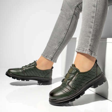 Pantofi casual dama, Pantofi casual dama cu siret si perforatii verzi MOD13159, modlet.ro