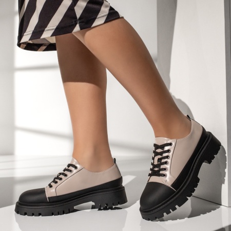 Pantofi casual dama, Pantofi casual dama cu siret si talpa groasa bej cu negru MOD13371, modlet.ro