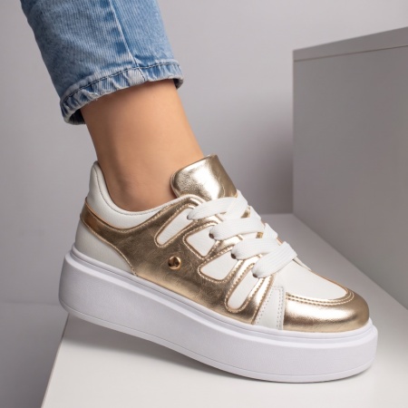 Pantofi casual dama cu talpa groasa albi cu auriu MOD10430, 2, modlet.ro