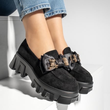 Pantofi casual dama cu talpa groasa si accesoriu decorativ negru suede ZEF13205, 3, zeforia.ro