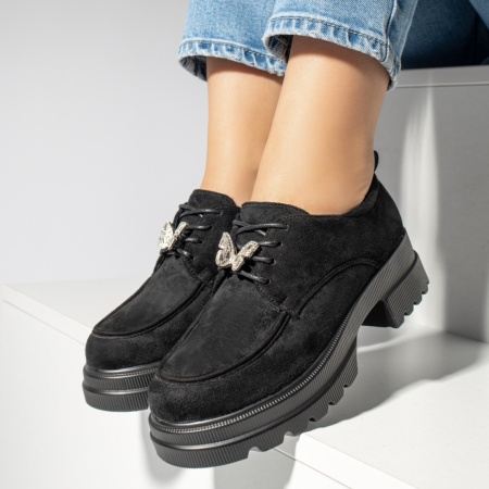 Pantofi casual dama cu talpa groasa si accesoriu metalic negru suede MOD13248, 4, modlet.ro