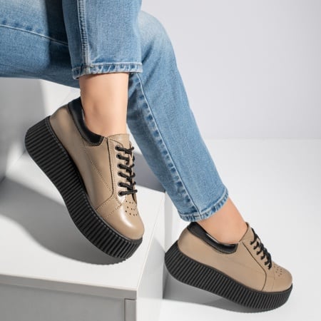 Pantofi casual dama khaki cu talpa groasa din Piele naturala ZEF12740, 3, zeforia.ro