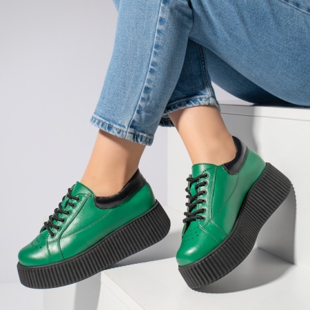 Pantofi casual dama, Pantofi casual dama verzi cu talpa groasa din Piele naturala MOD12740, modlet.ro