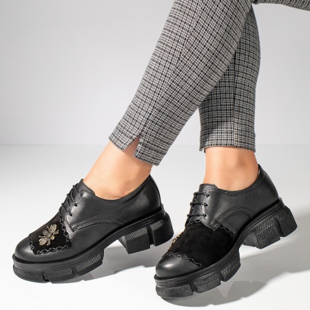 Pantofi casual negri dama din Piele naturala cu accesoriu MOD11890, 5, modlet.ro