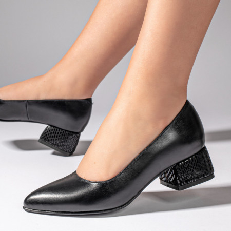 Incaltaminte dama, Pantofi cu toc dama negri cu imprimeu din Piele naturala ZEF11001 - zeforia.ro