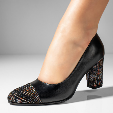 Pantofi dama, Pantofi cu toc dama negri cu print din Piele naturala MOD11002, modlet.ro