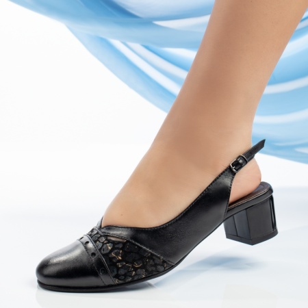 Pantofi cu toc dama si imprimeu negri din Piele naturala MOD13287, 4, modlet.ro